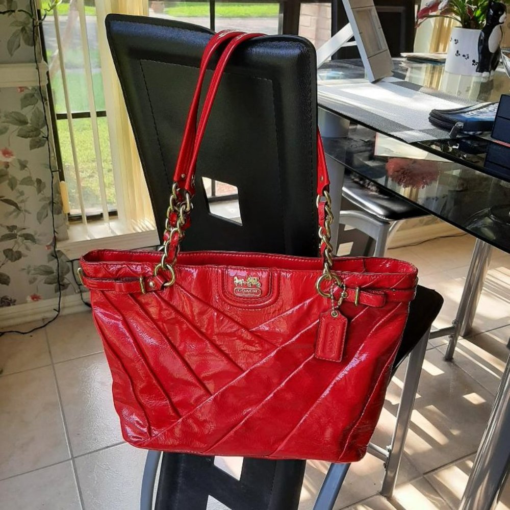 Coach Red Pleated Patent Leather Shoulder Bag Handbag Purse